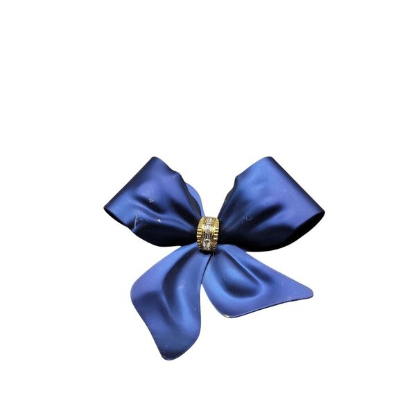 Blue Bow Brooch Enamel Velvet Look Tied Ribbon Pin Christmas Holiday Jewelry - Picture 3 of 7